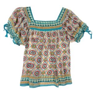 Nicole by Nicole Miller Blouse Womens 6 Blue Excellent Boho Puff Sleeve Top